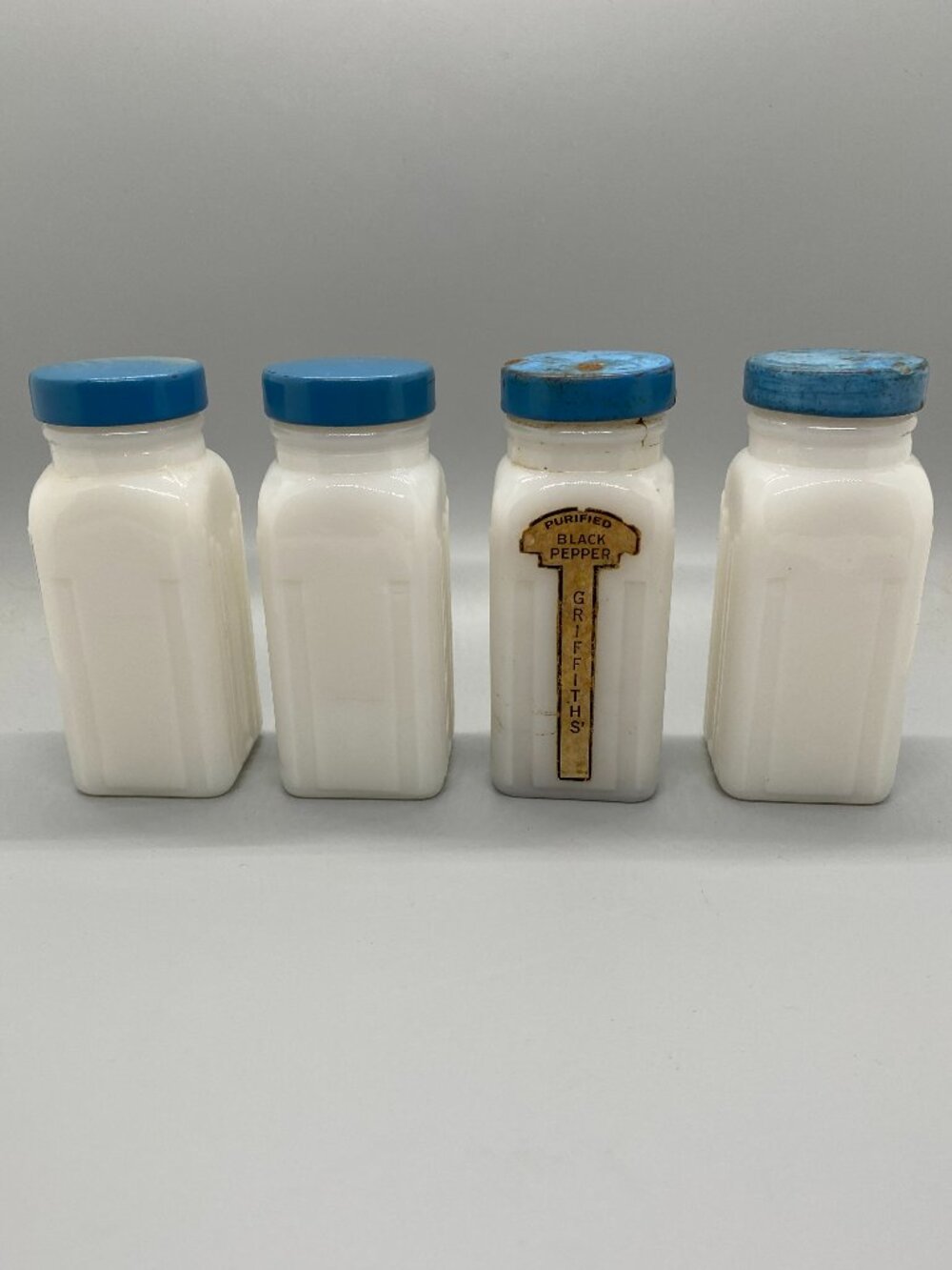 Vintage Griffiths Blue Metal Lids Milk Glass Spice Jars Set of 4